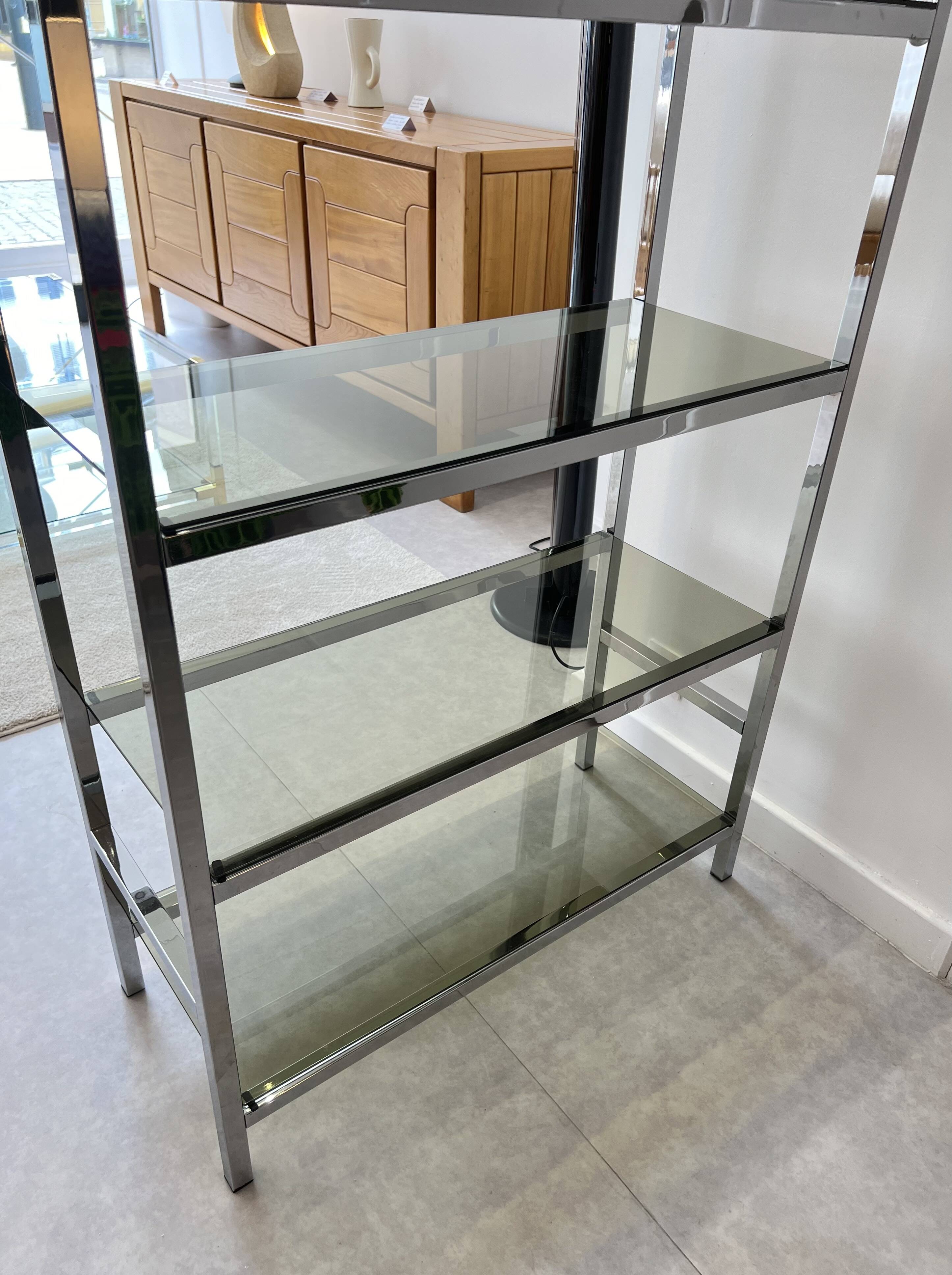 Chrome and smoked glass bookcase/shelf, circa 1970