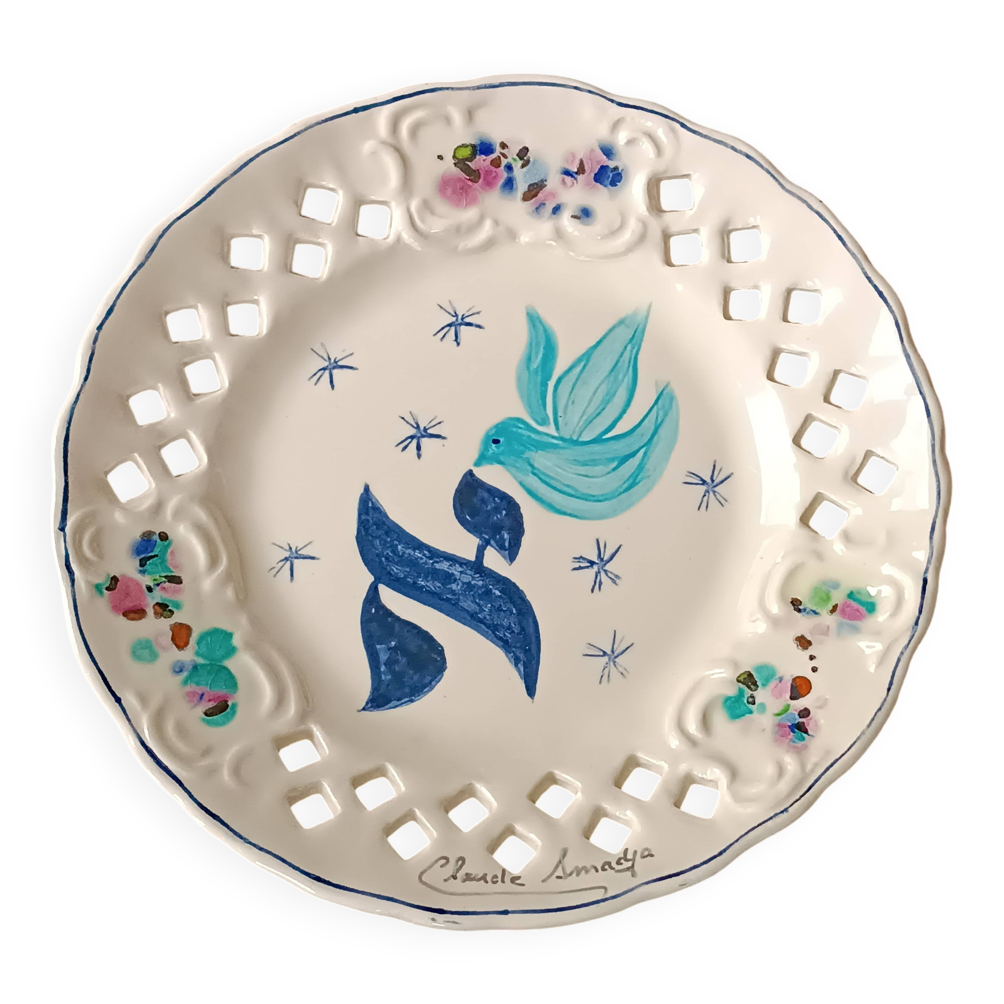 Vintage painted ceramic wall plate with cut-out design by Claude Smadja.