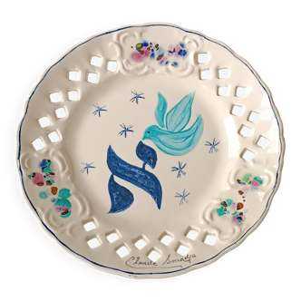 Vintage painted ceramic wall plate with cut-out design by Claude Smadja.