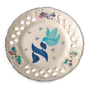 Vintage painted ceramic wall plate with cut-out design by Claude Smadja.