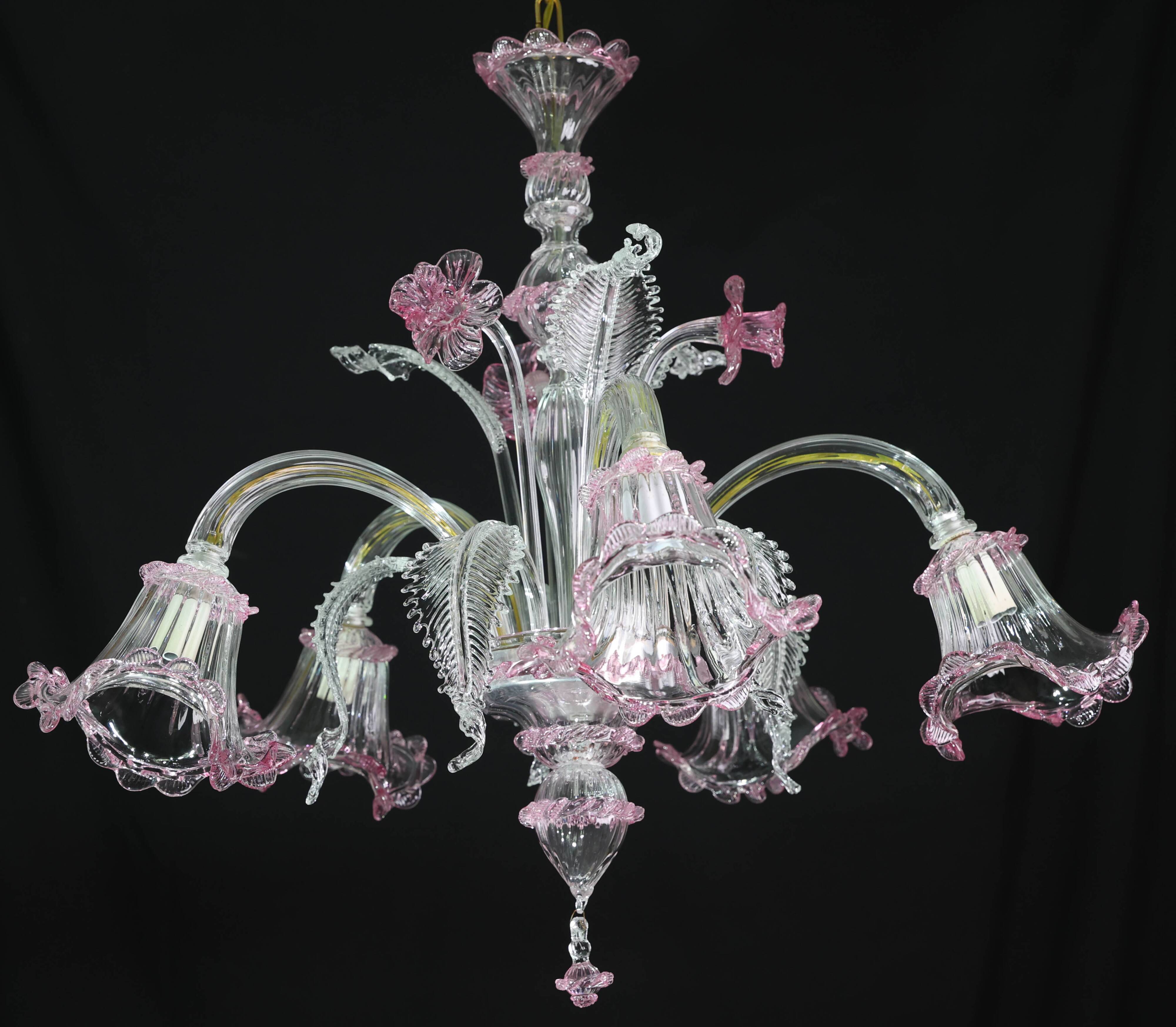 Charming Vintage Venetian Chandelier, Pink Murano Glass, 1950s