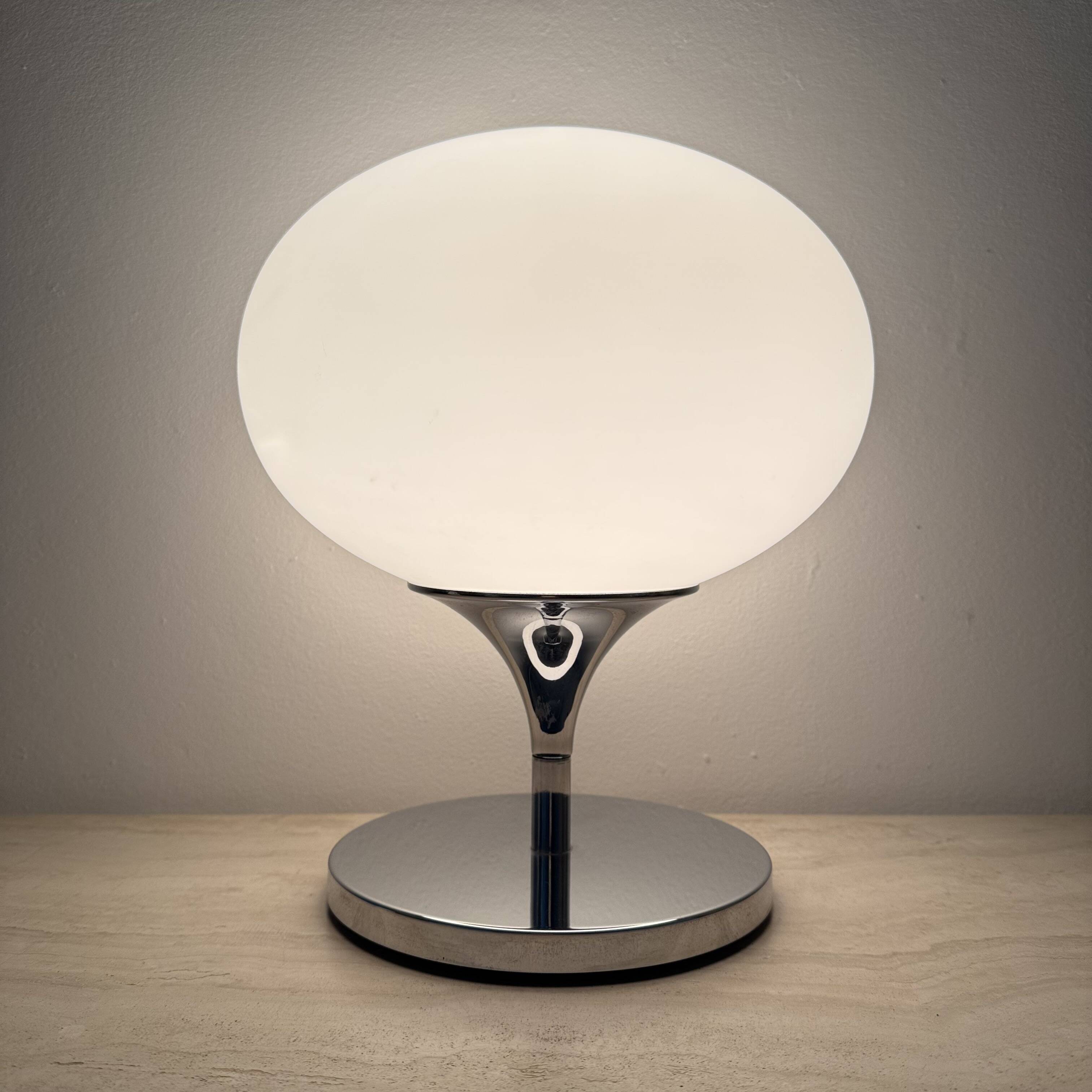 Opaline glass chromed steel & cast iron Space Age lamp by Kaiser Leuchten,