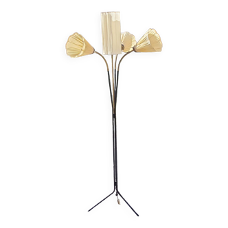 Vintage floor lamp from the 50s in metal and brass 4 flexible lights with tripod base