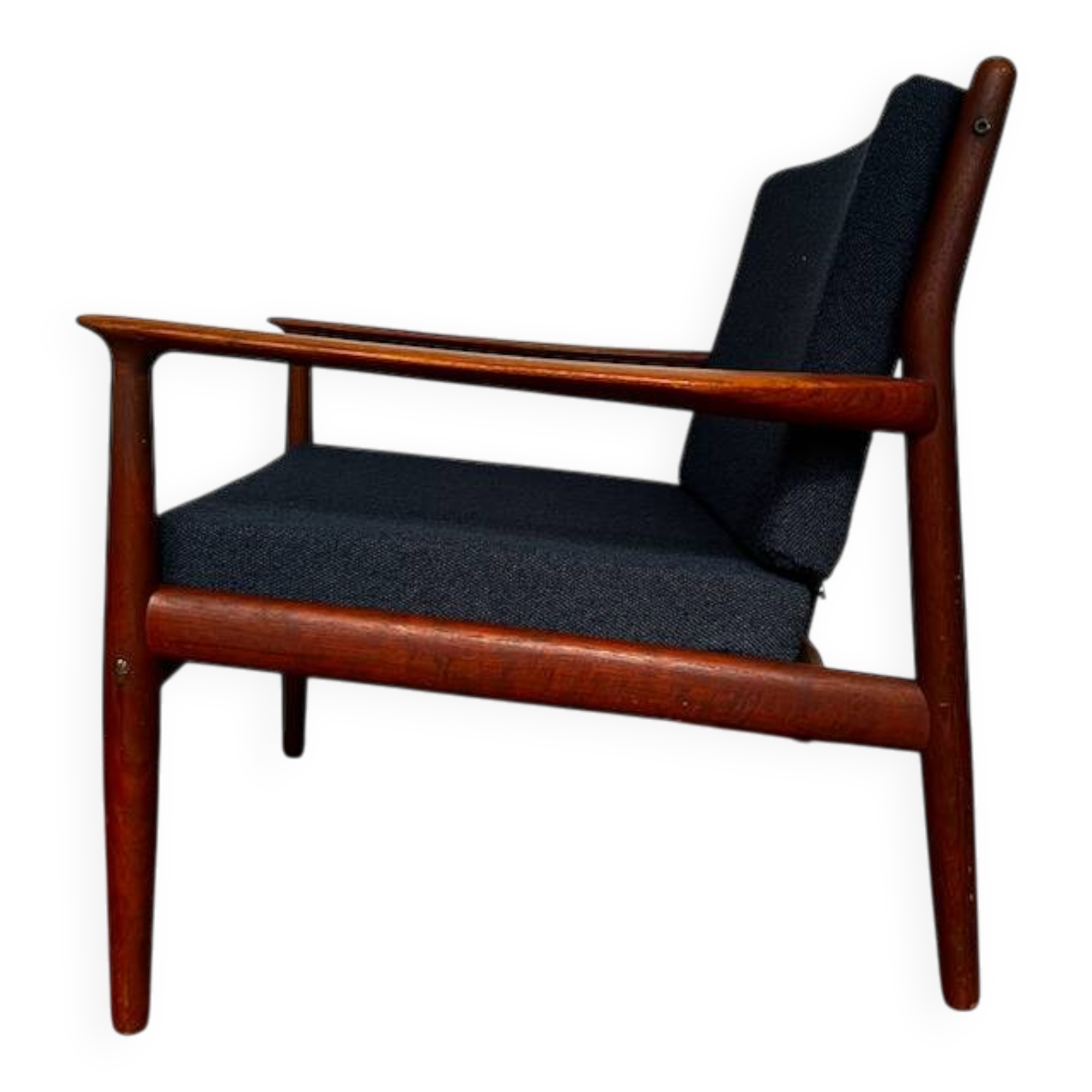 Fauteuil danois en teck et bouclette bleu