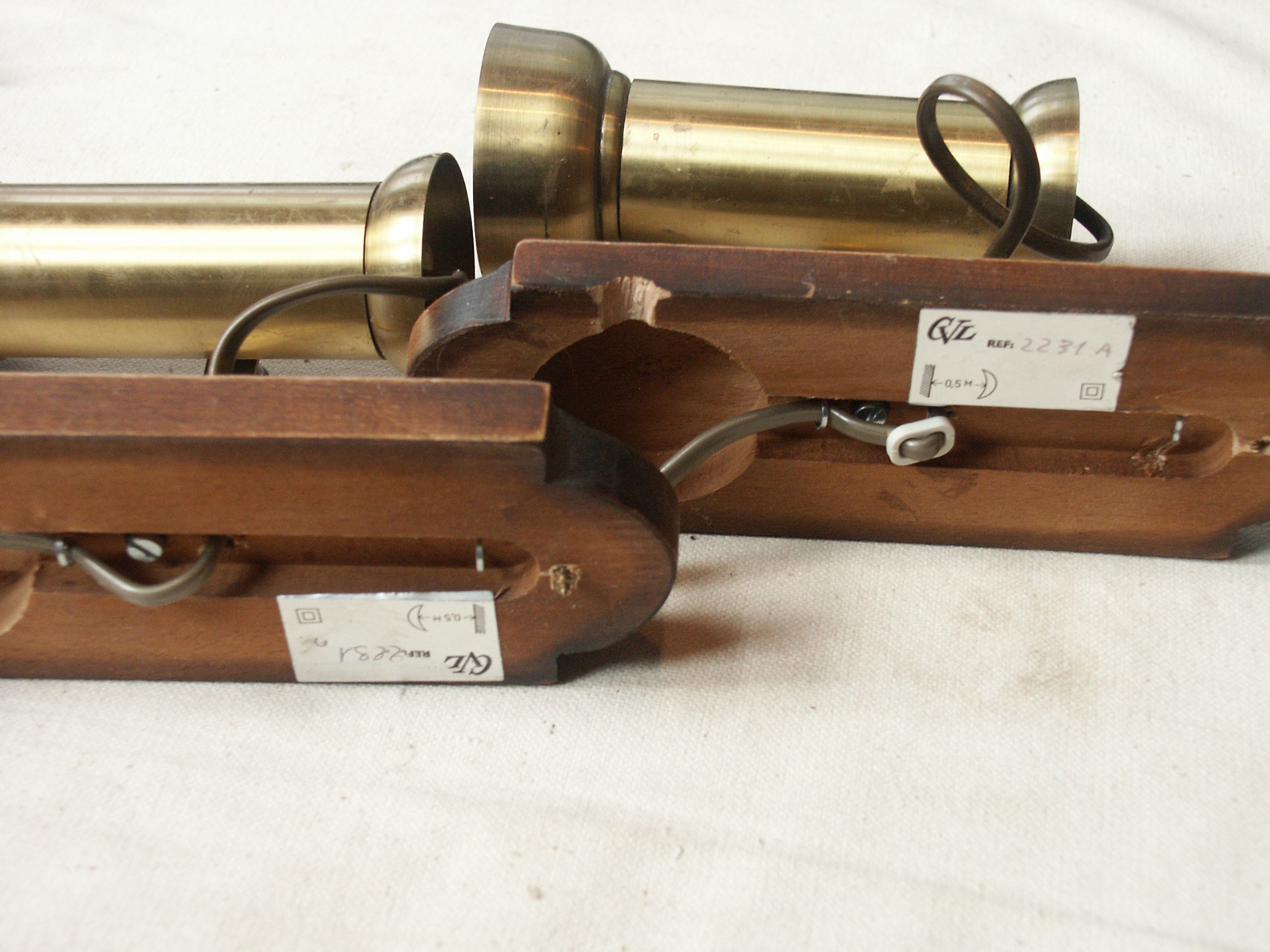 Pair of brass spots and wooden base year 70