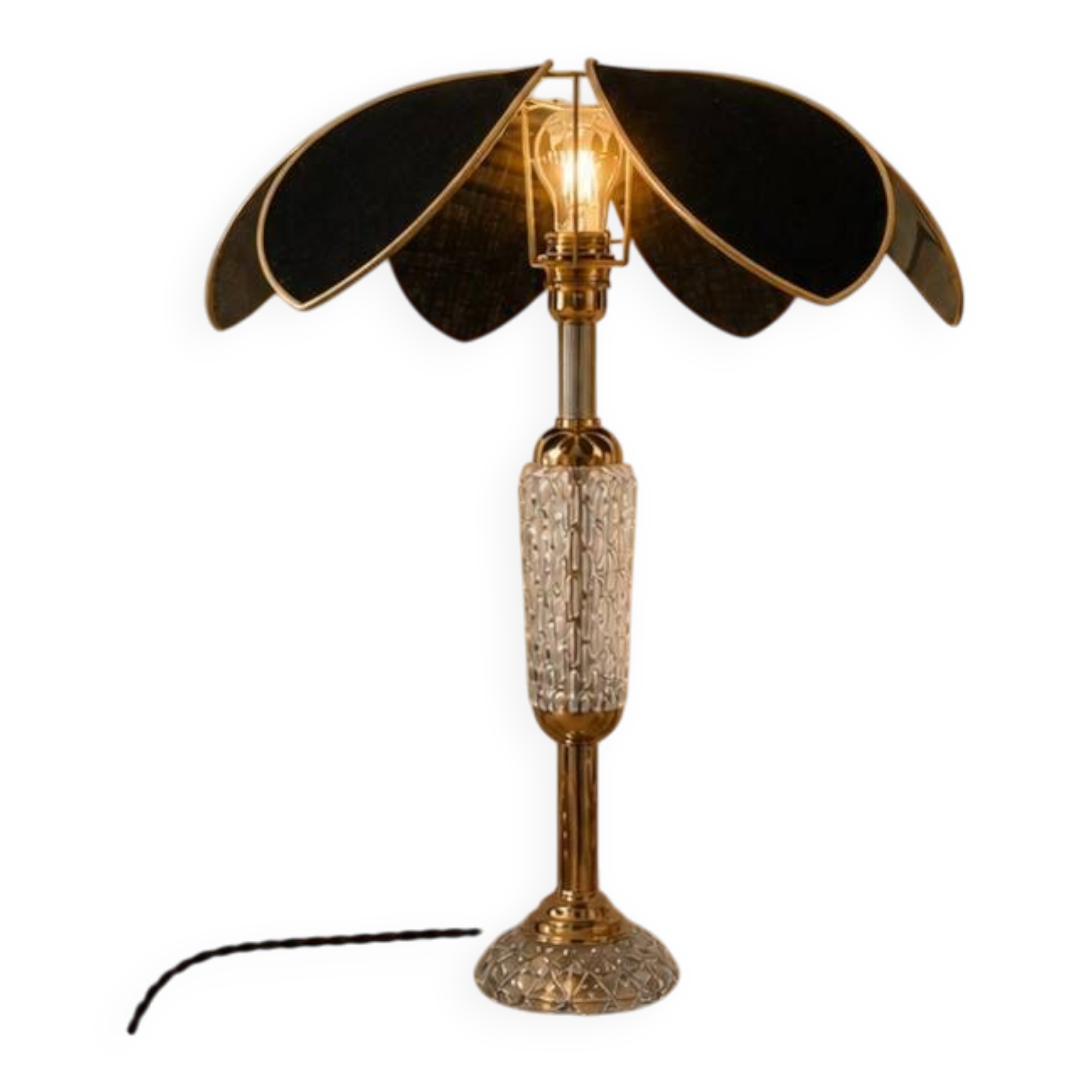 Lotus flower lamp in antique glass and black linen, unique creation.