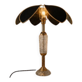Lampe fleur Lotus en verre ancien et lin noir, création unique