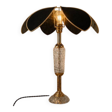 Lampe fleur Lotus en verre ancien et lin noir, création unique