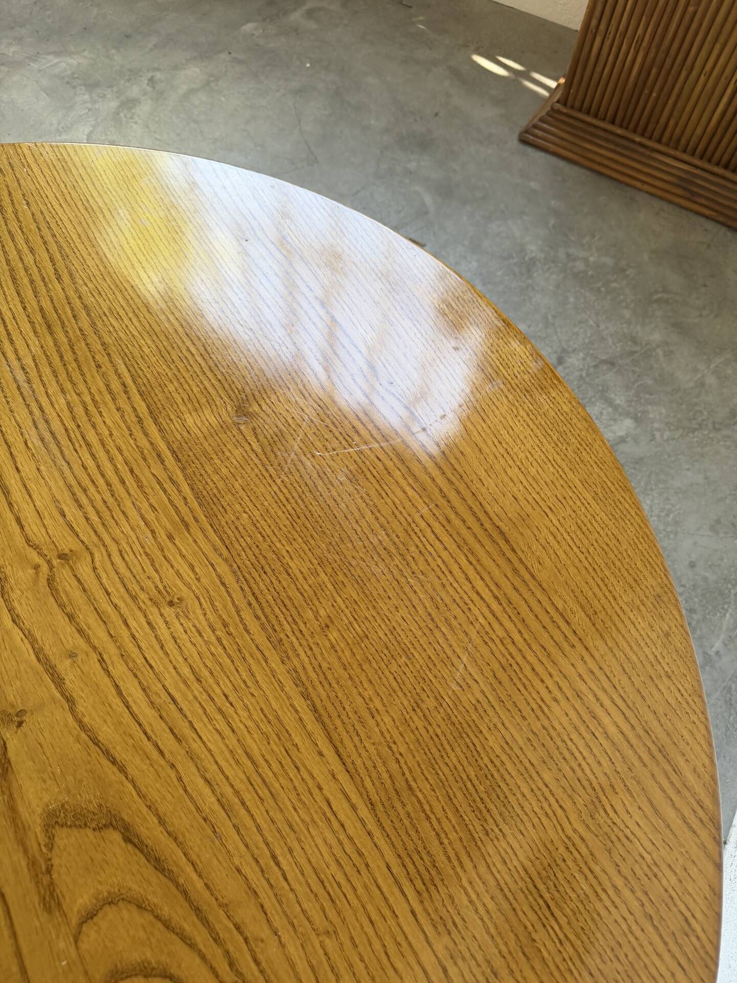 1950s round tripod oak coffee table
