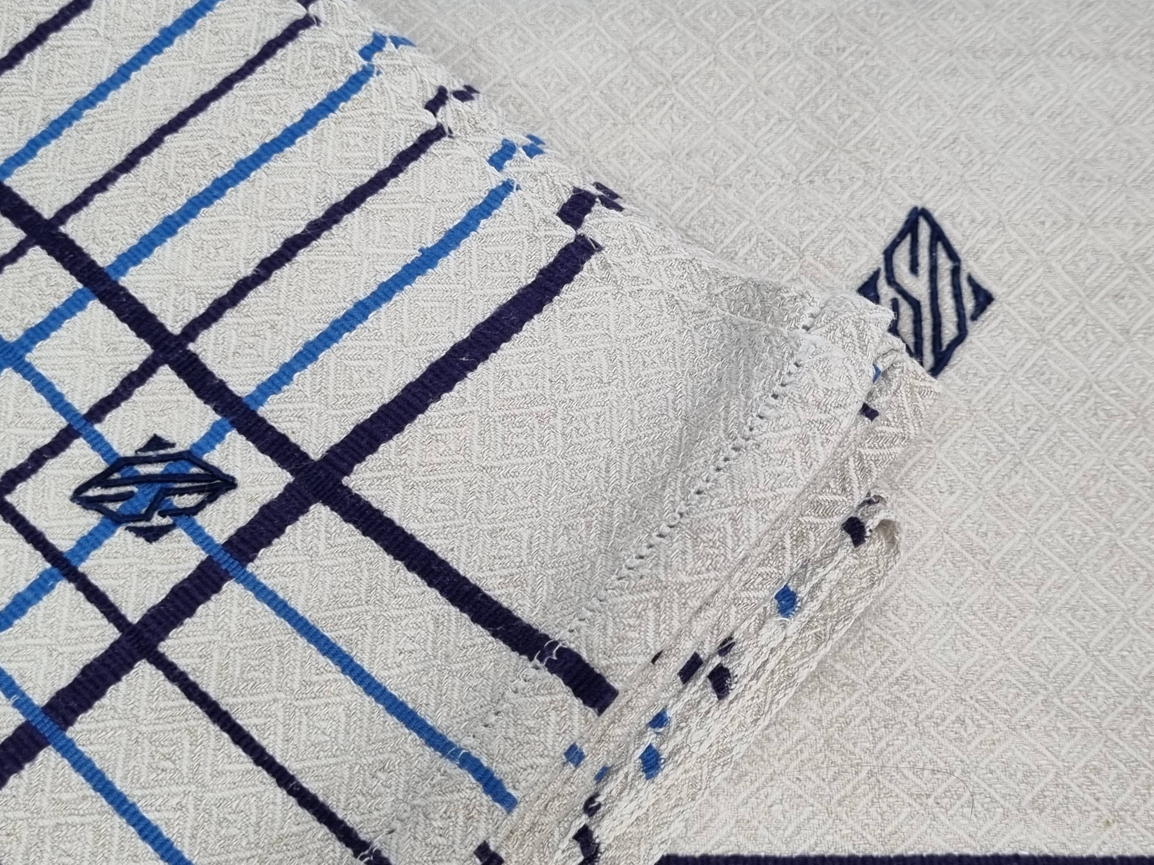 Vintage Table Set Damask Tablecloth and 8 Matching Embroidered Napkins, Blue and White Patterns