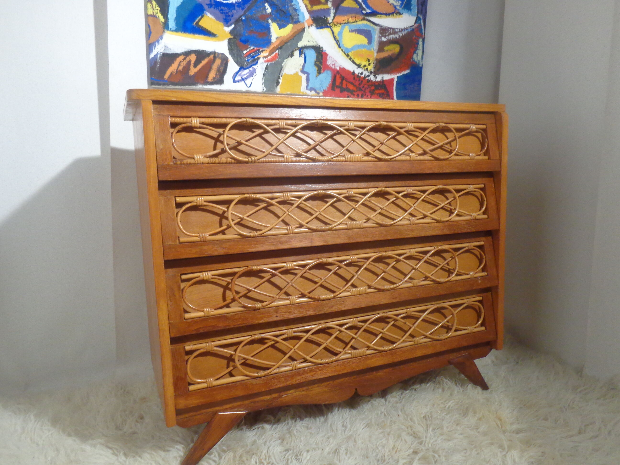 Chest of drawers wood and rattan Louis Sognot 1950 foot compass
