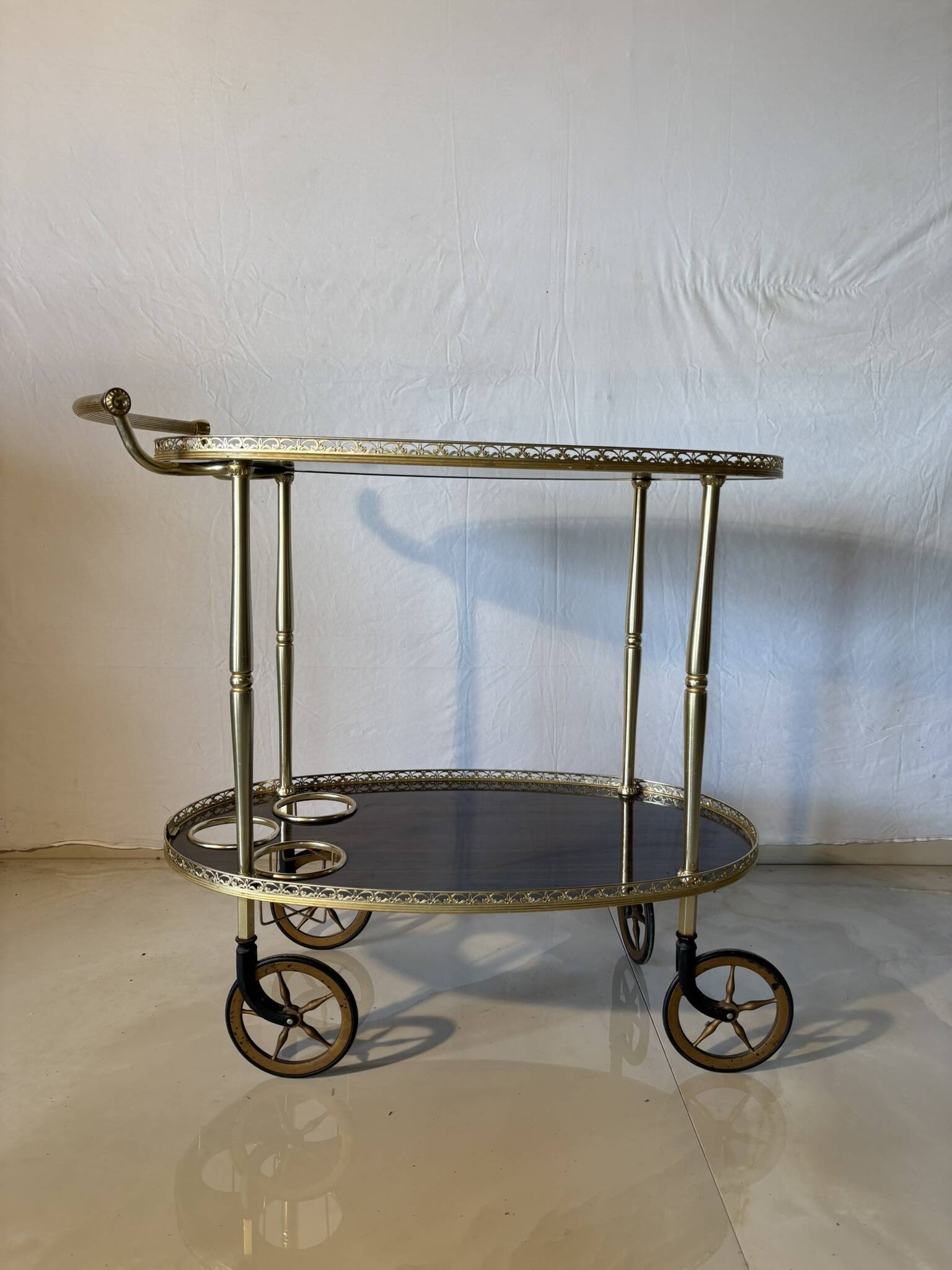 Vintage brass and dark wood serving trolley – 1960s