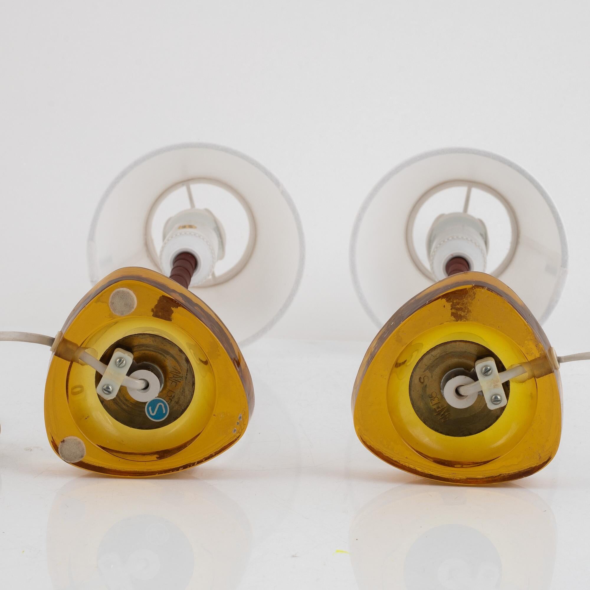 Nybro Armaturfabrik, desk lamps, brass, amber glass, Sweden, 1960s