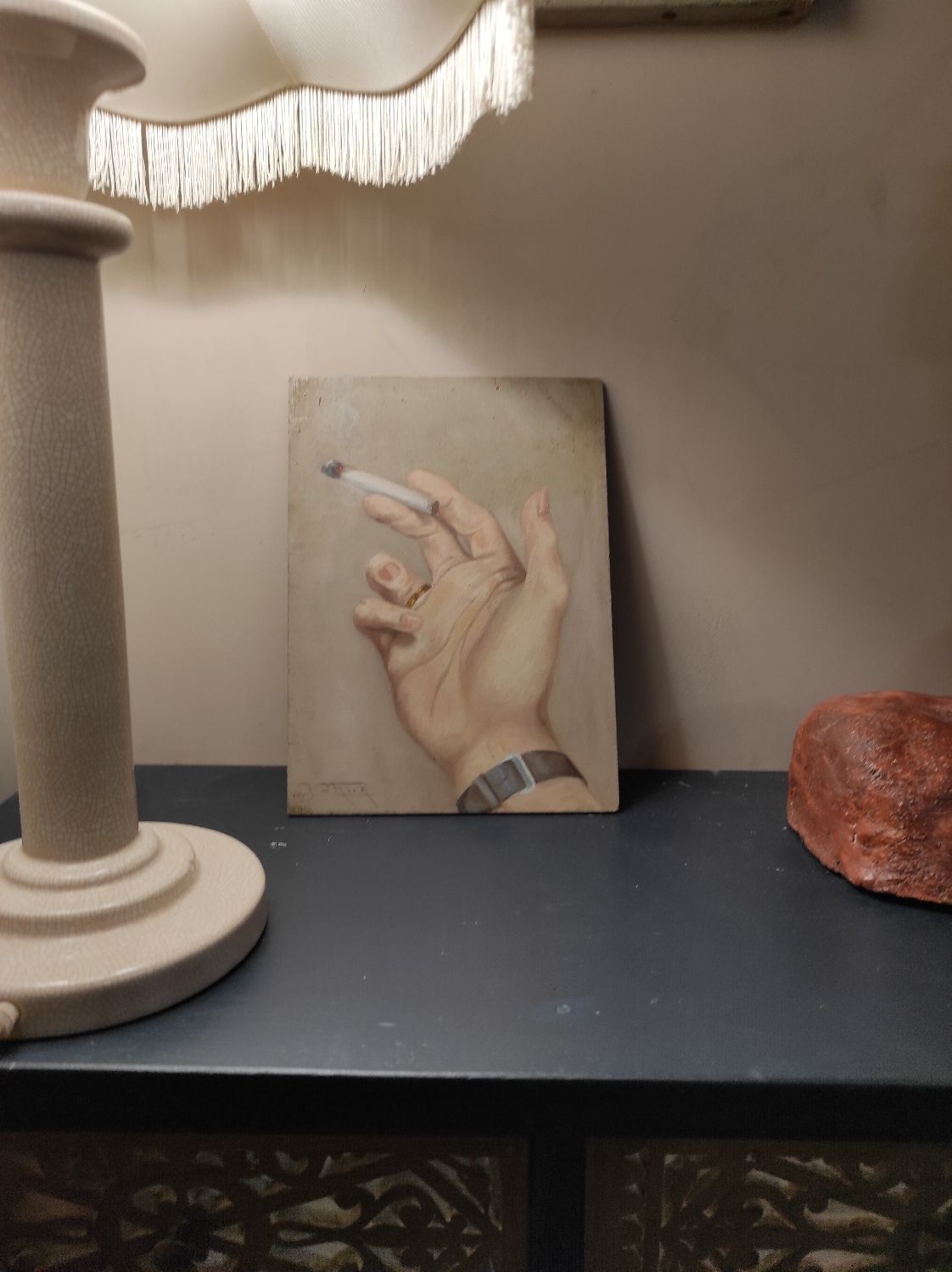 Painting hand to the cigarette oil on cardboard years 30 40 signed Pierre Roig