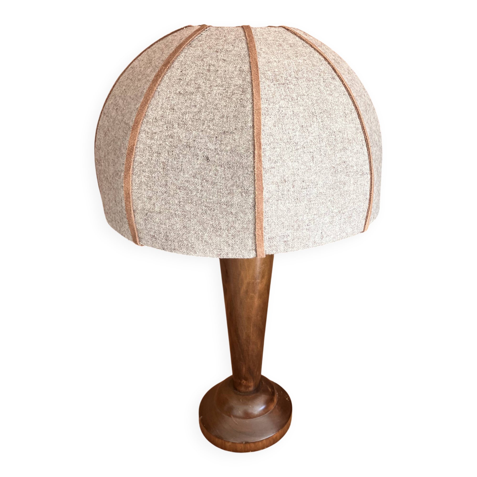 Wooden bedside lamp with a dome wool lampshade Mid Century