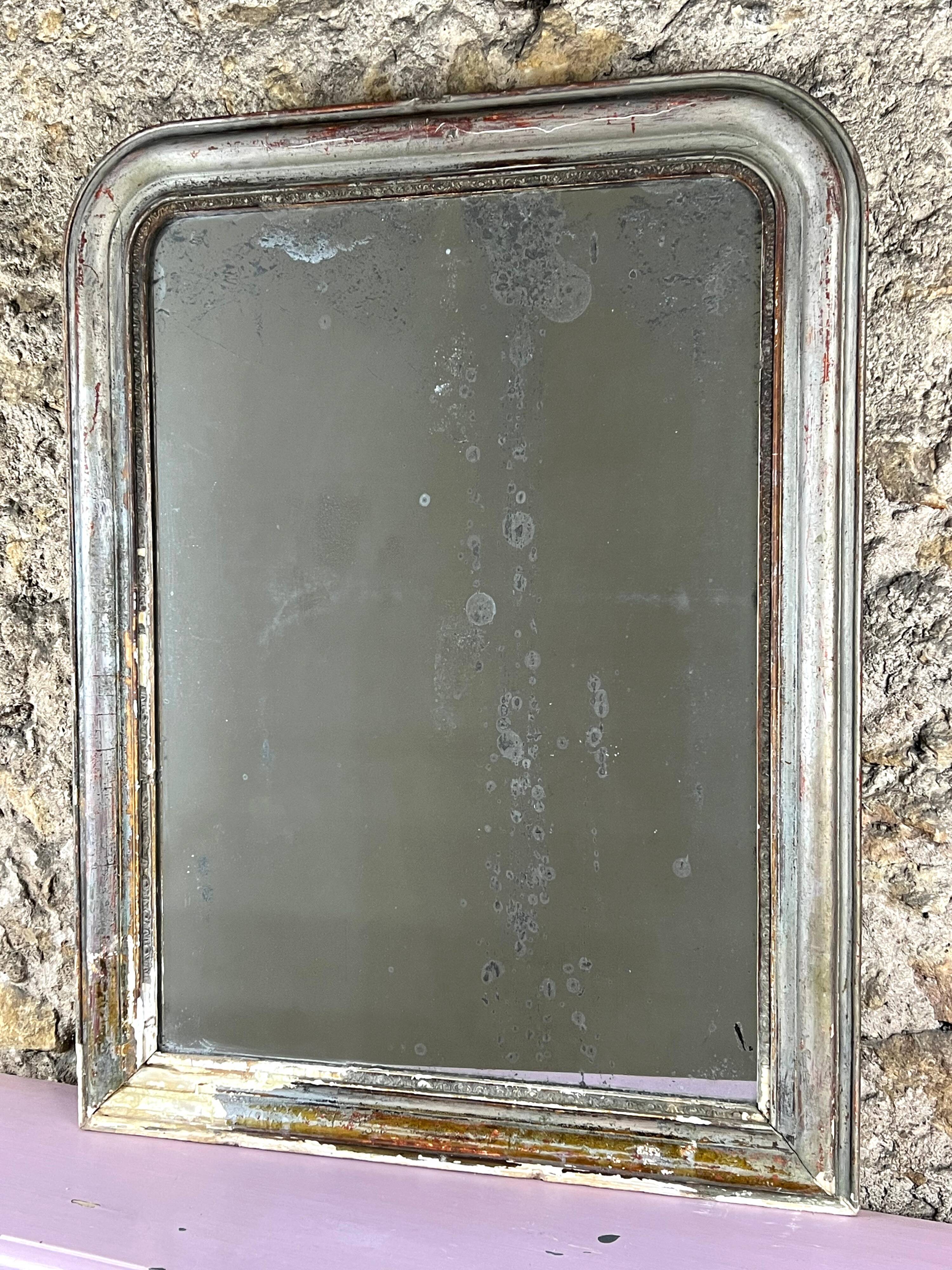 Antique Louis-Philippe Mirror, 19th Century, Shabby Silver Patina