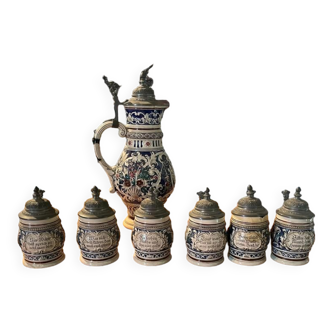 Alsatian beer service in painted ceramic and tin