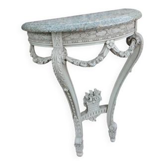 Console ancienne en bois peint avec plateau marbre style Louis XVI