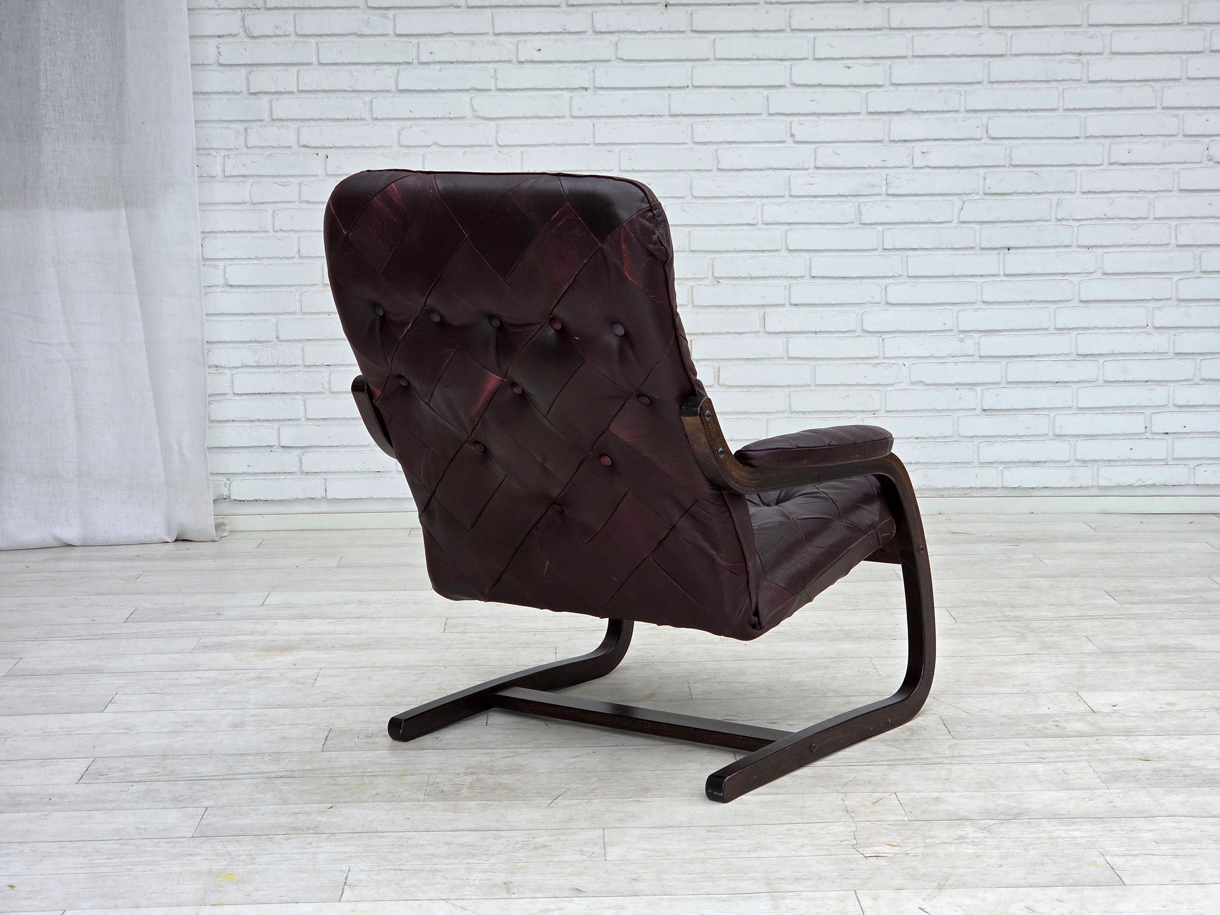 1970s, Scandinavian armchair, brown furniture leather, bent wood.