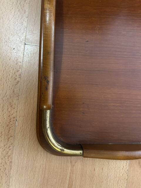 Grand rectangular serving platter in wood and brass from the 1960s