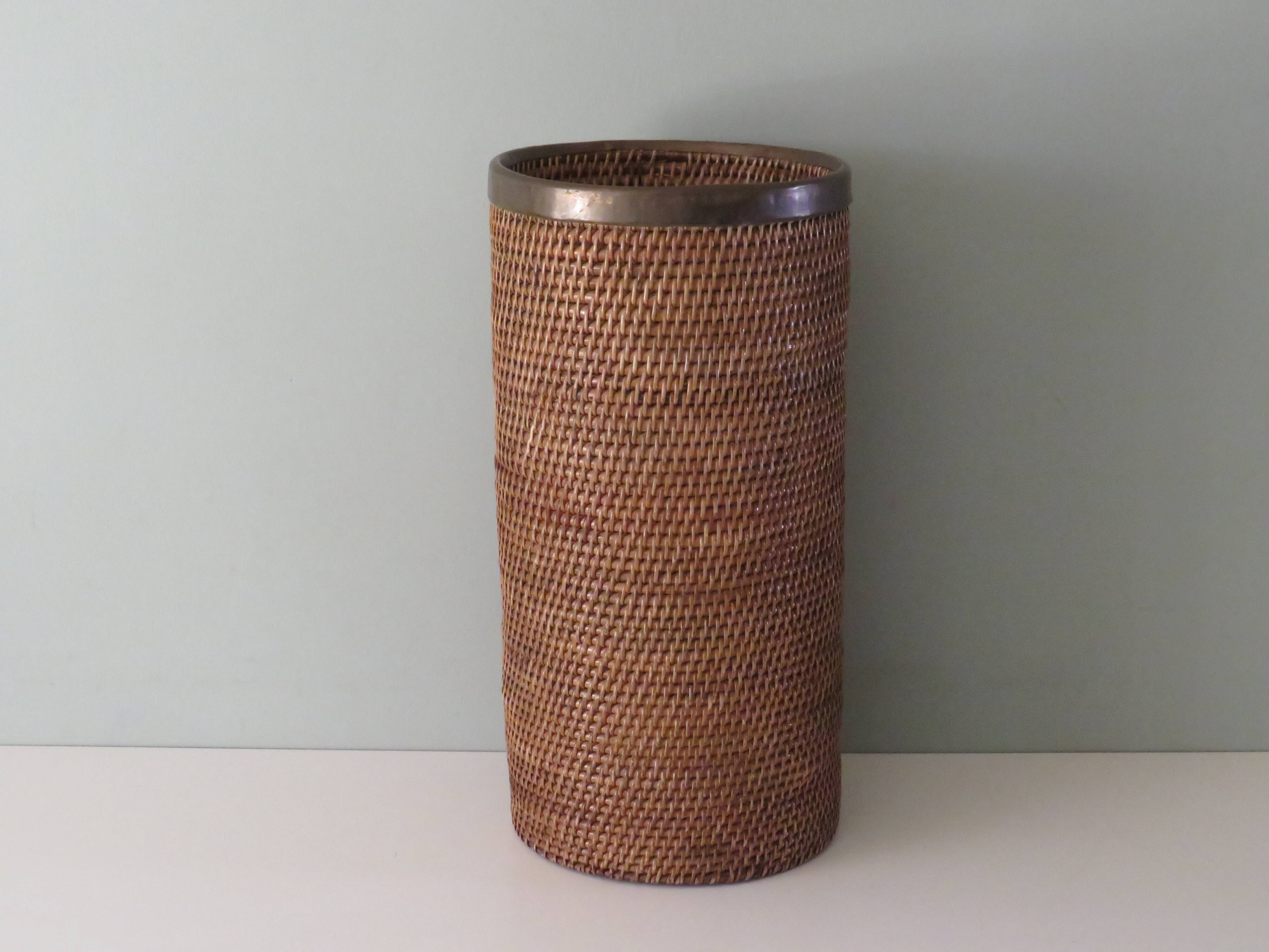 Vintage umbrella holder, rattan and bamboo with brass edge