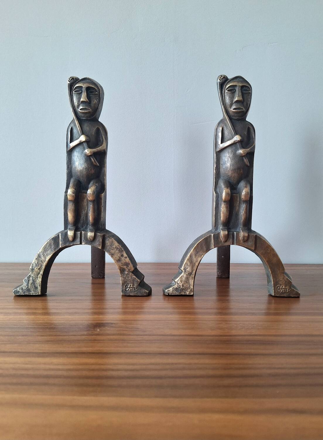 Anton Prinner pair of bronze andirons, Shaman model, statuettes vi