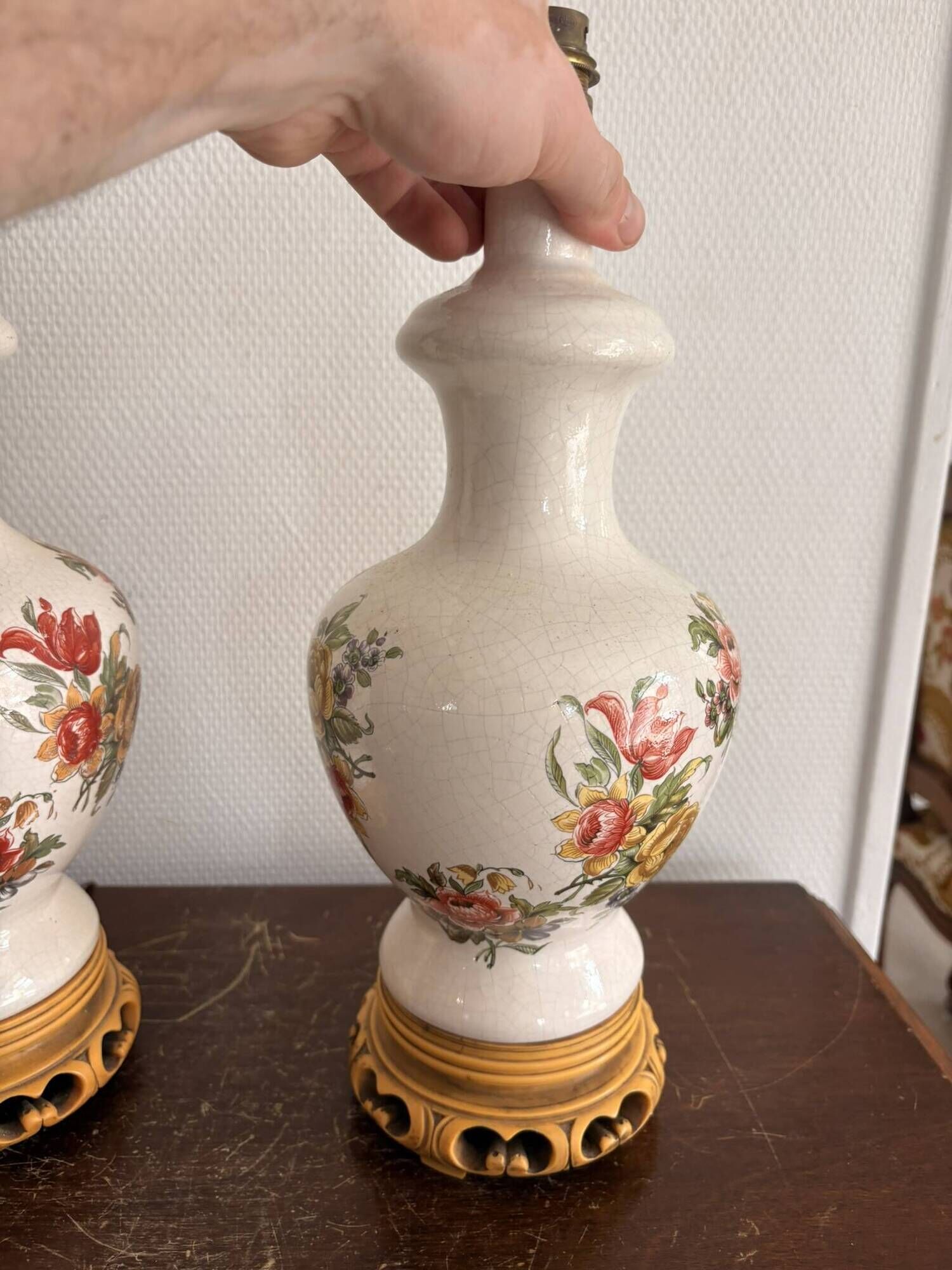 Antique Pair of Ceramic Floral Bulbous Lamps Shabby Chic