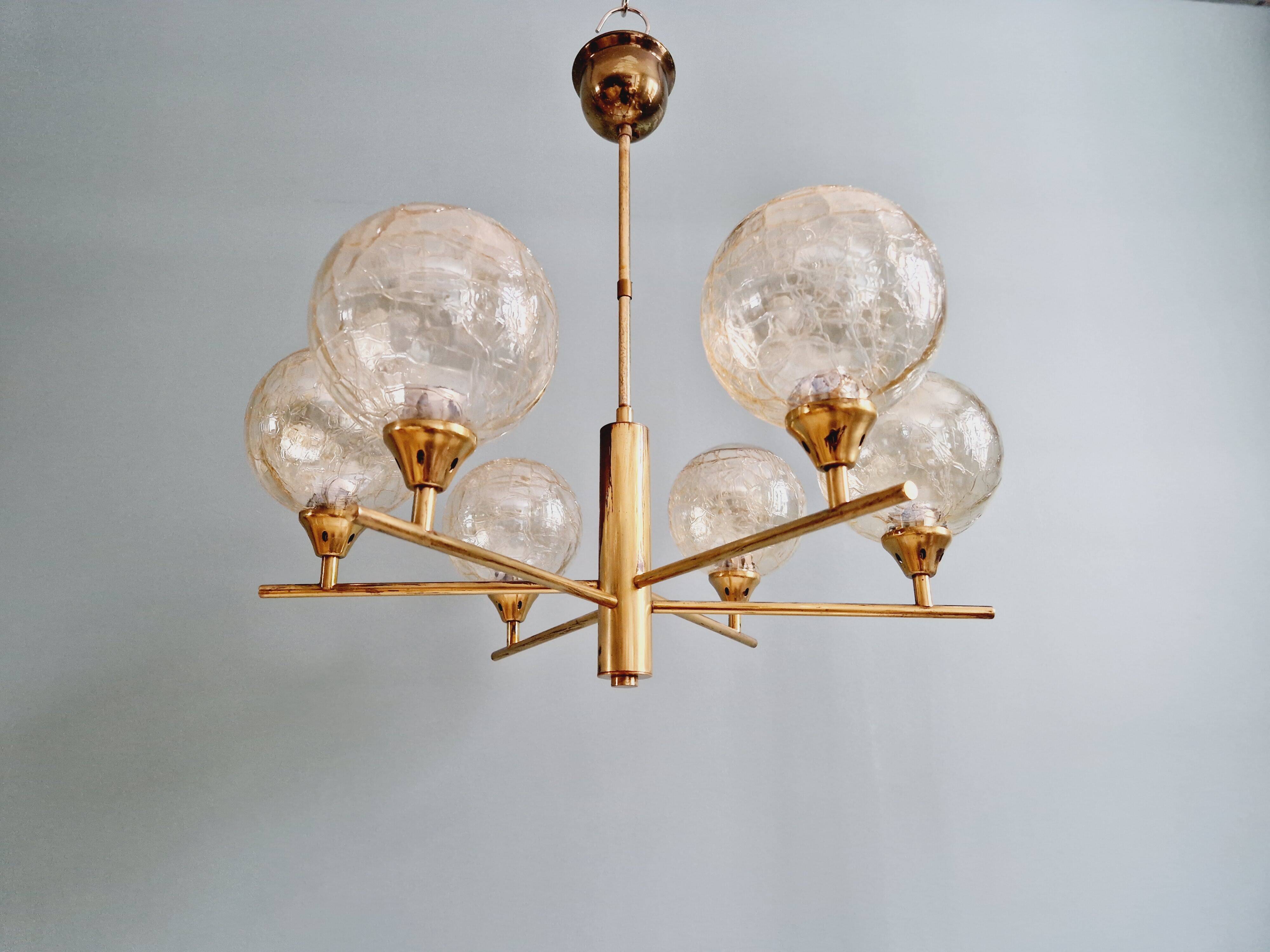 Brass chandelier with amber cracked glass globes, 1950s-60s