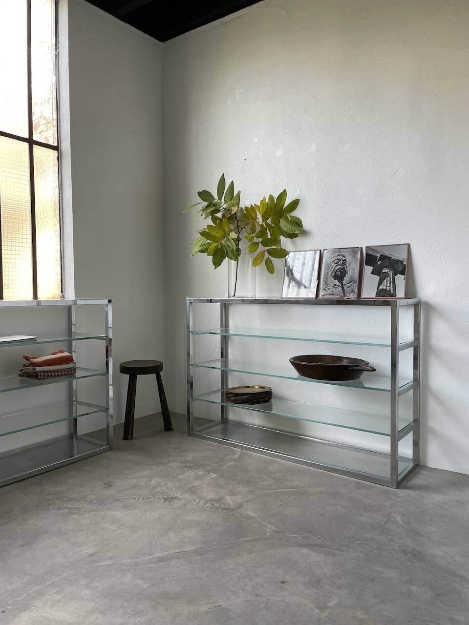 Pair of chrome and glass shelves from the 70s