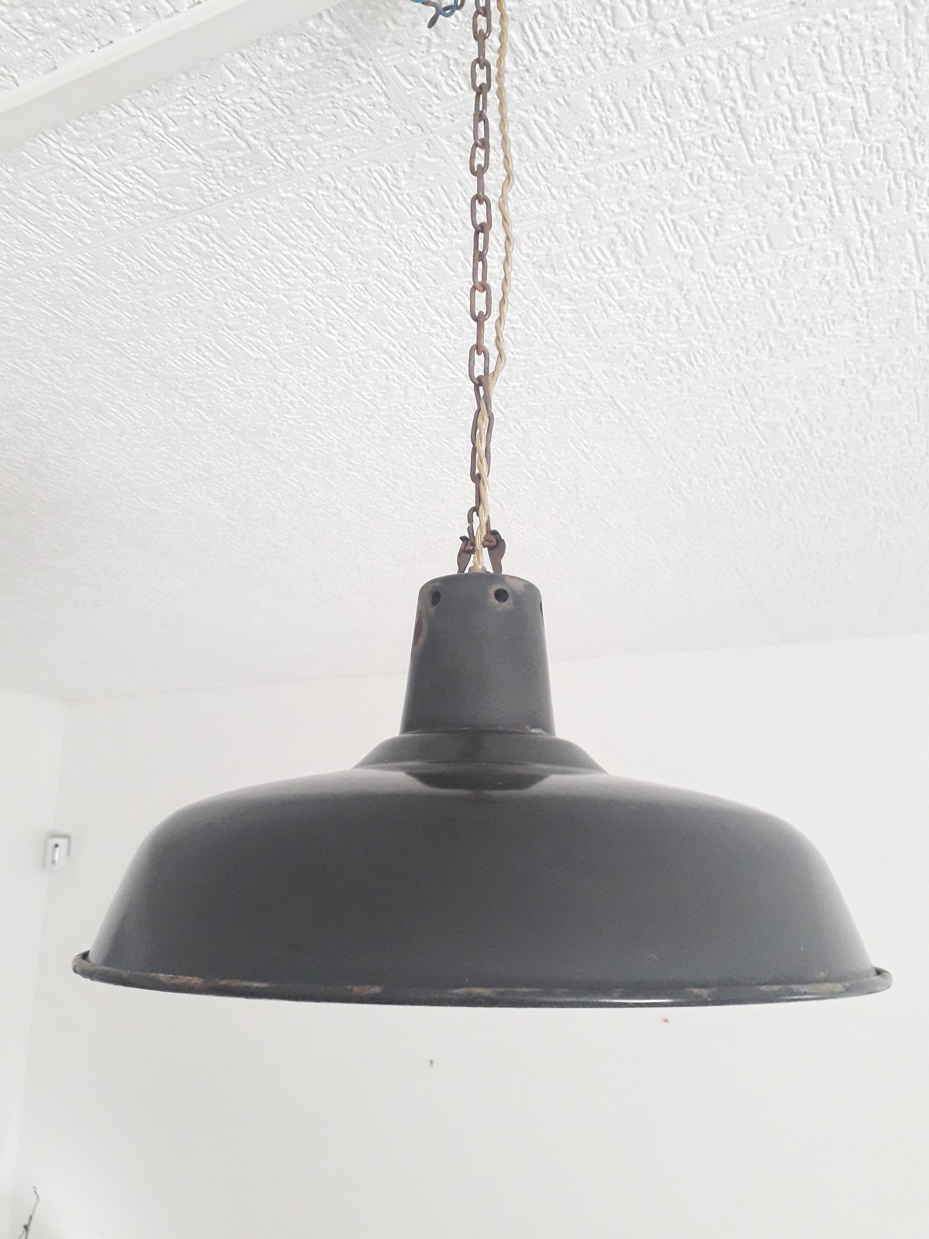 Industrial suspension - Enamelled sheet Dark grey and white - Ø 35 cm -1950