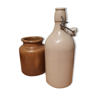 Deco set white ceramic bottle MKM & old mustard pot