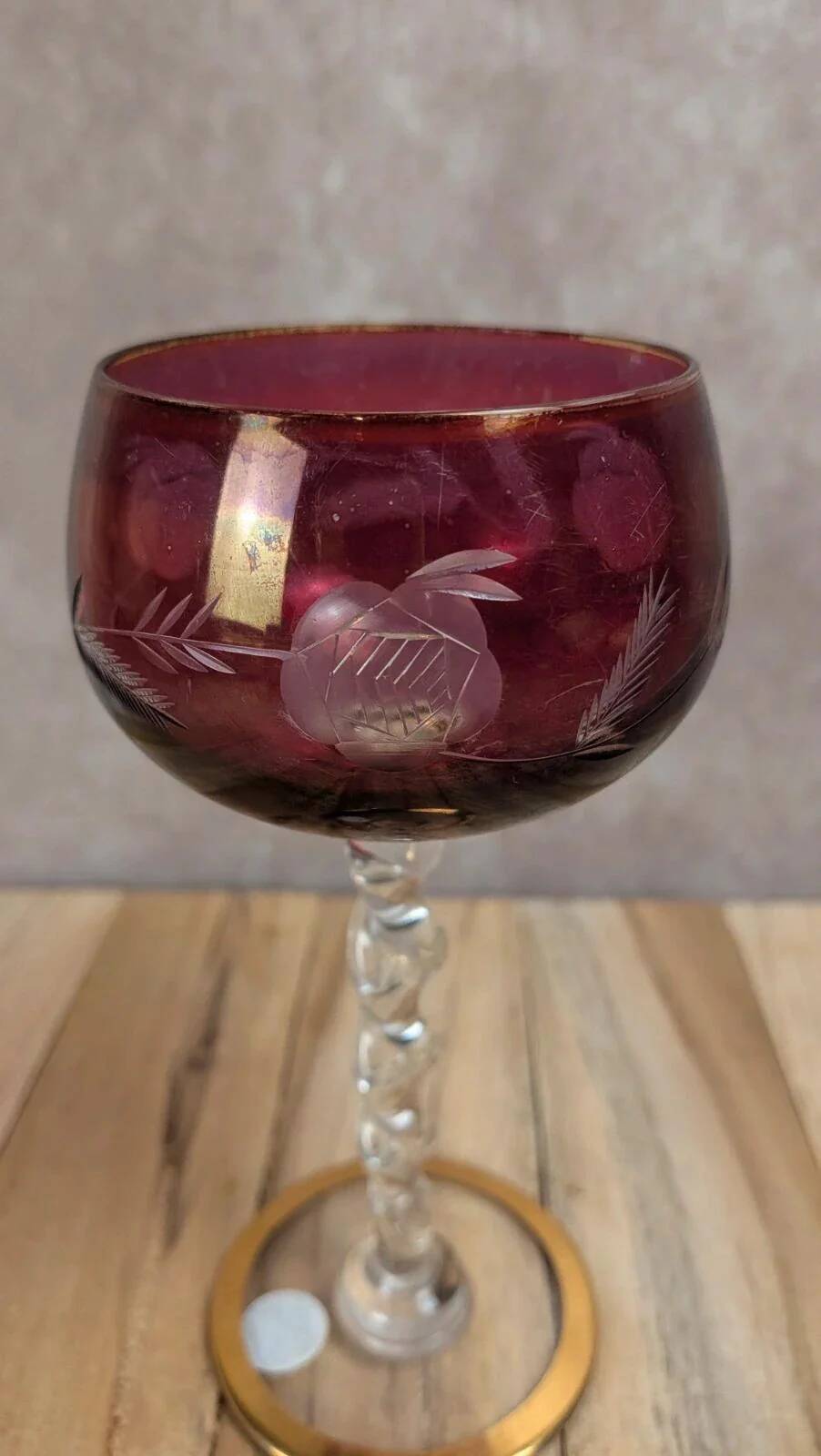 Antique fuchsia pink engraved glass – twisted stem