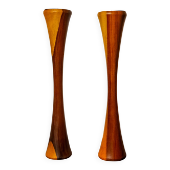 Pair of Scandinavian candleholders in wood, Denmark, 1980s