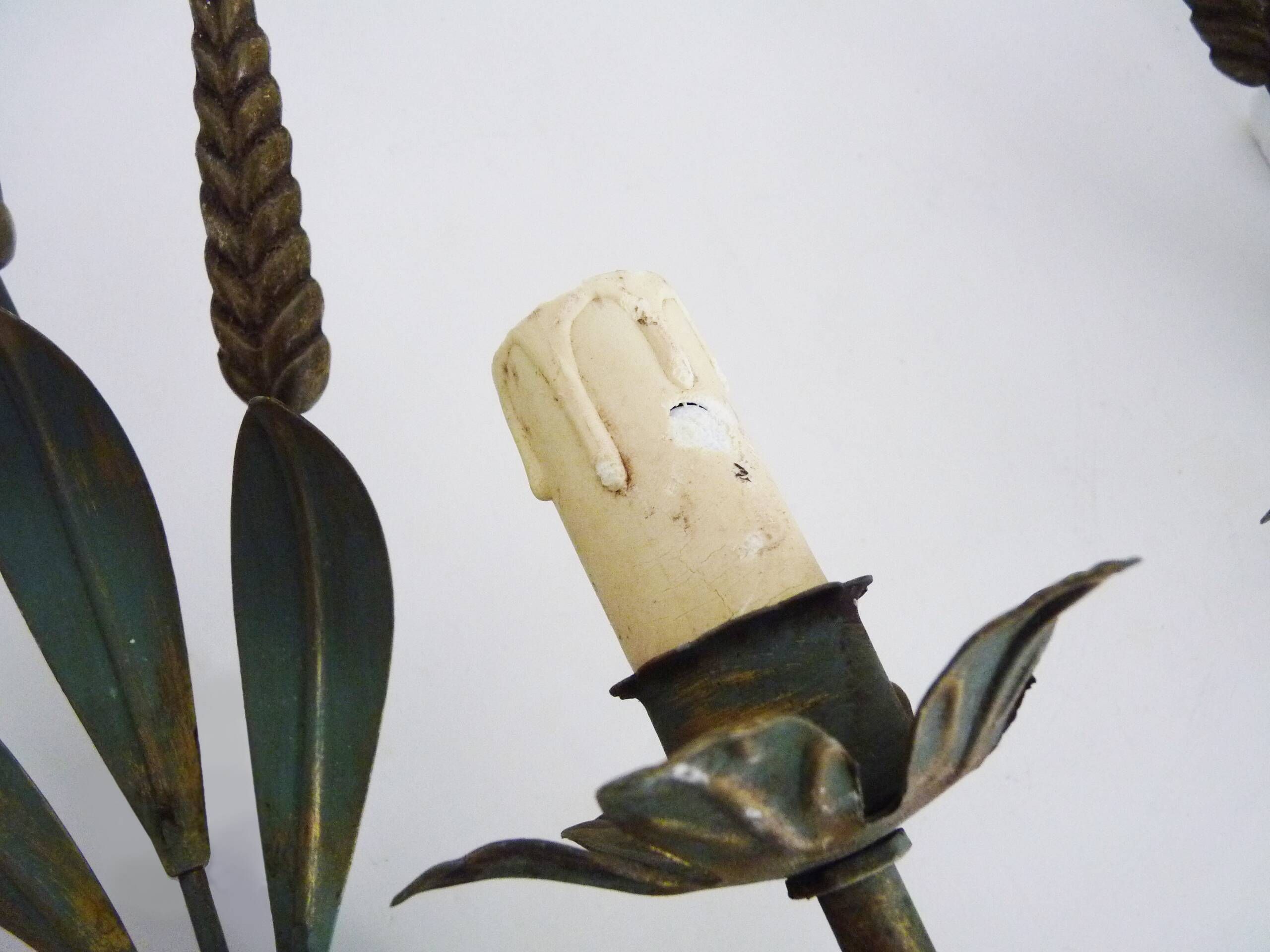 Pair of vintage metal wall sconces in the shape of wheat ears.
