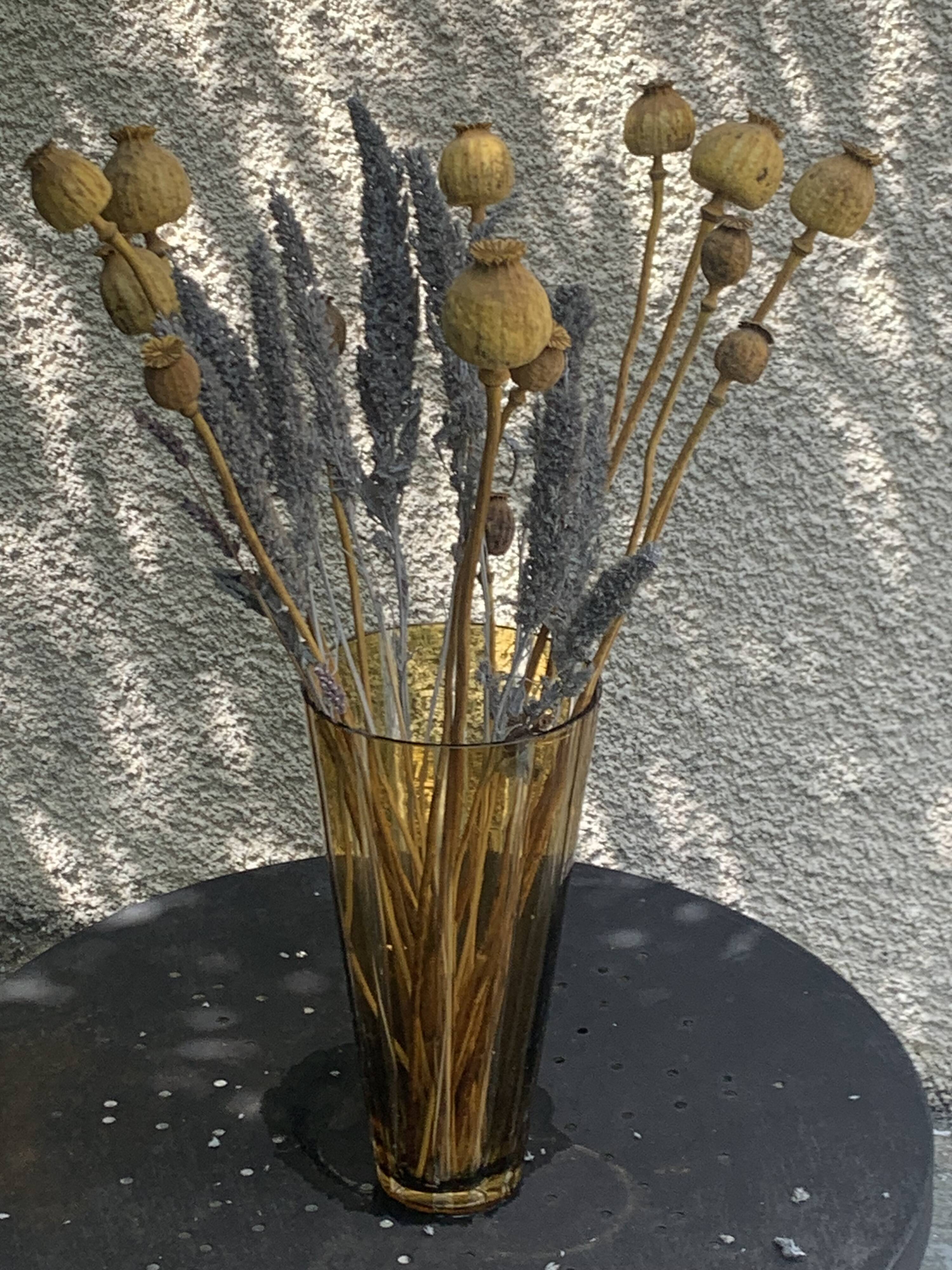 Bayadere patterned vase in glass, transparent and vintage ochre