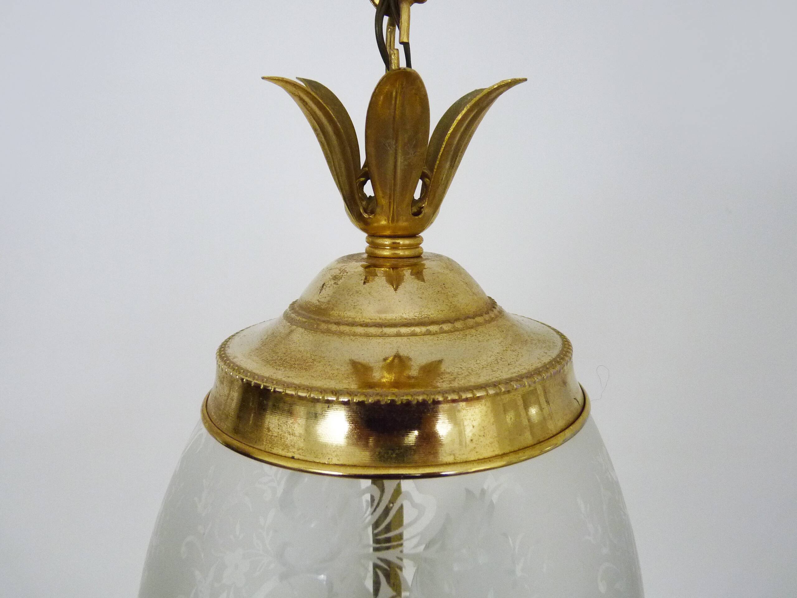 Suspension, brass chandelier and engraved glass globe with 2 lights. Louis XV style. 60s