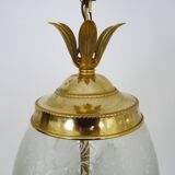 Suspension, brass chandelier and engraved glass globe with 2 lights. Louis XV style. 60s