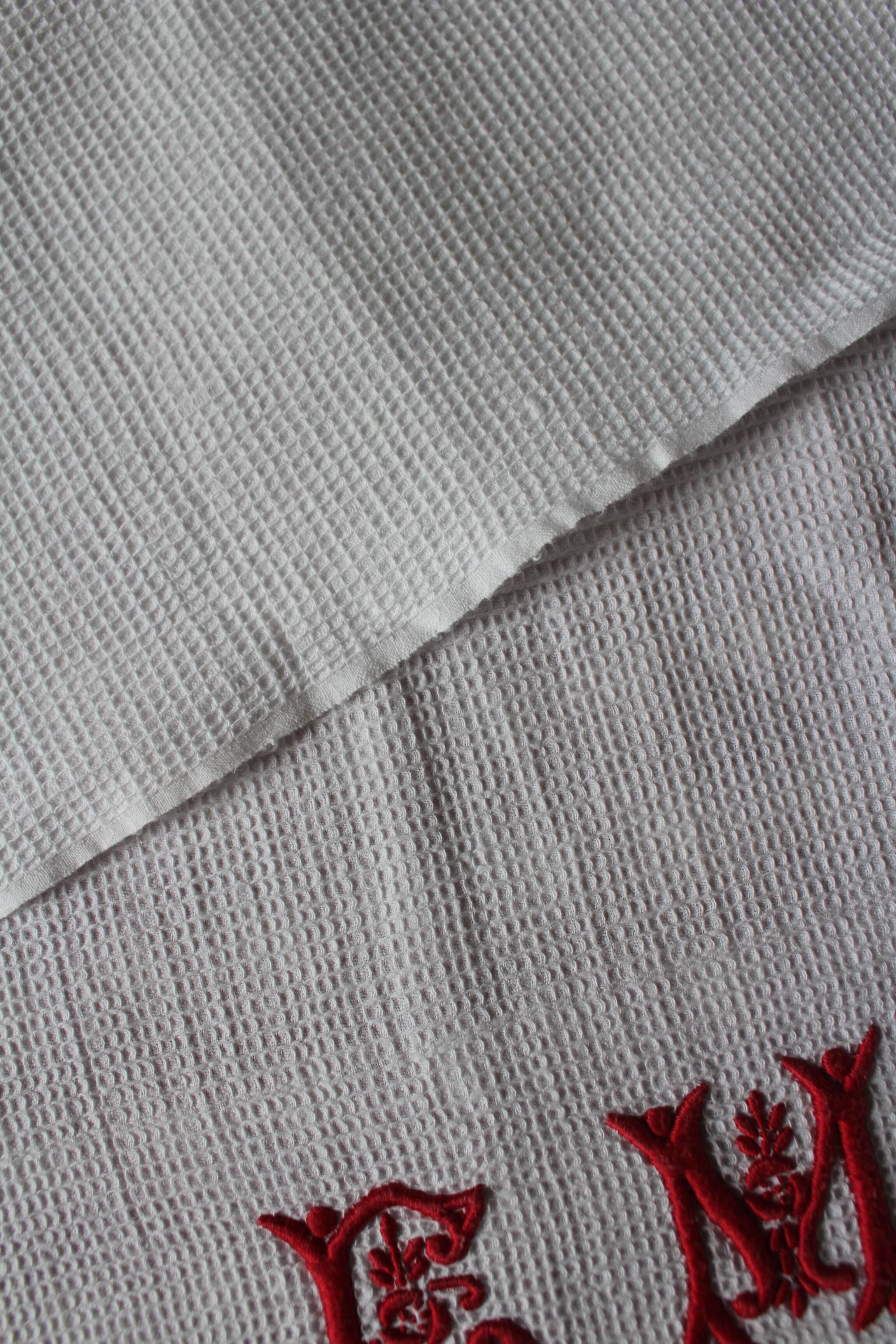 Lot 2 towel towels white honeycomb fringes monograms red E B