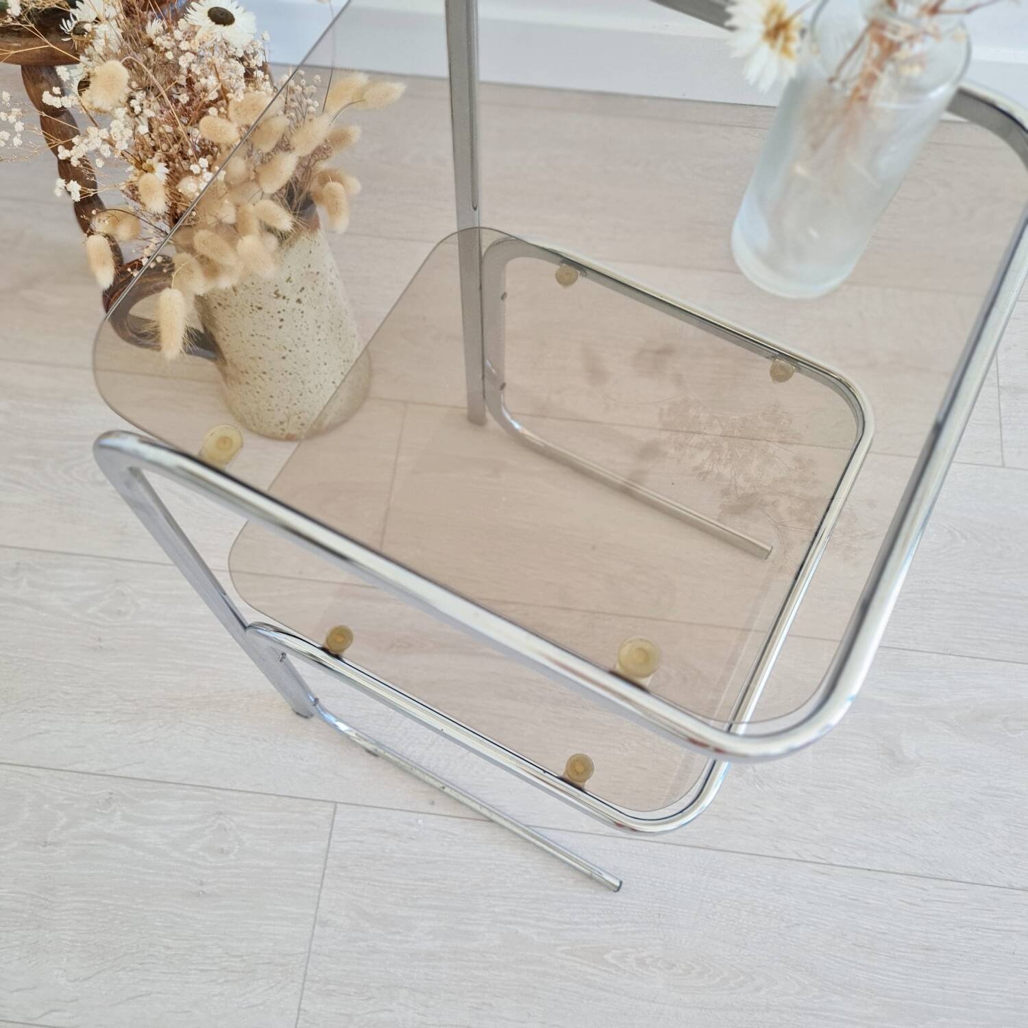 Side table - chrome and smoked glass table - vintage design