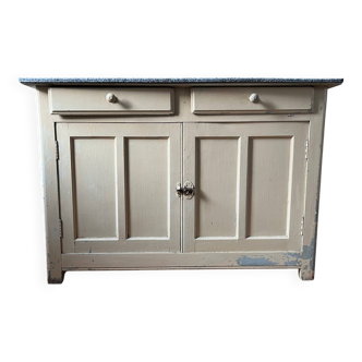 Antique low sideboard in patinated wood with enameled sheet metal top
