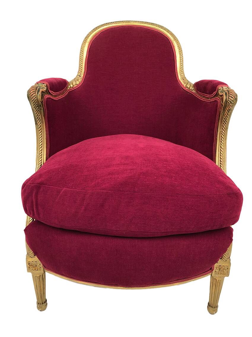 Bergère in gilded wood trimmed with fuchsia silk and velvet, art deco inspired by Louis XVI