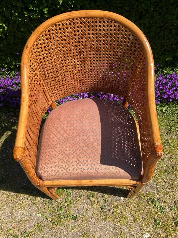 Fauteuil Style Mc Guire en rotin et cannage années 80