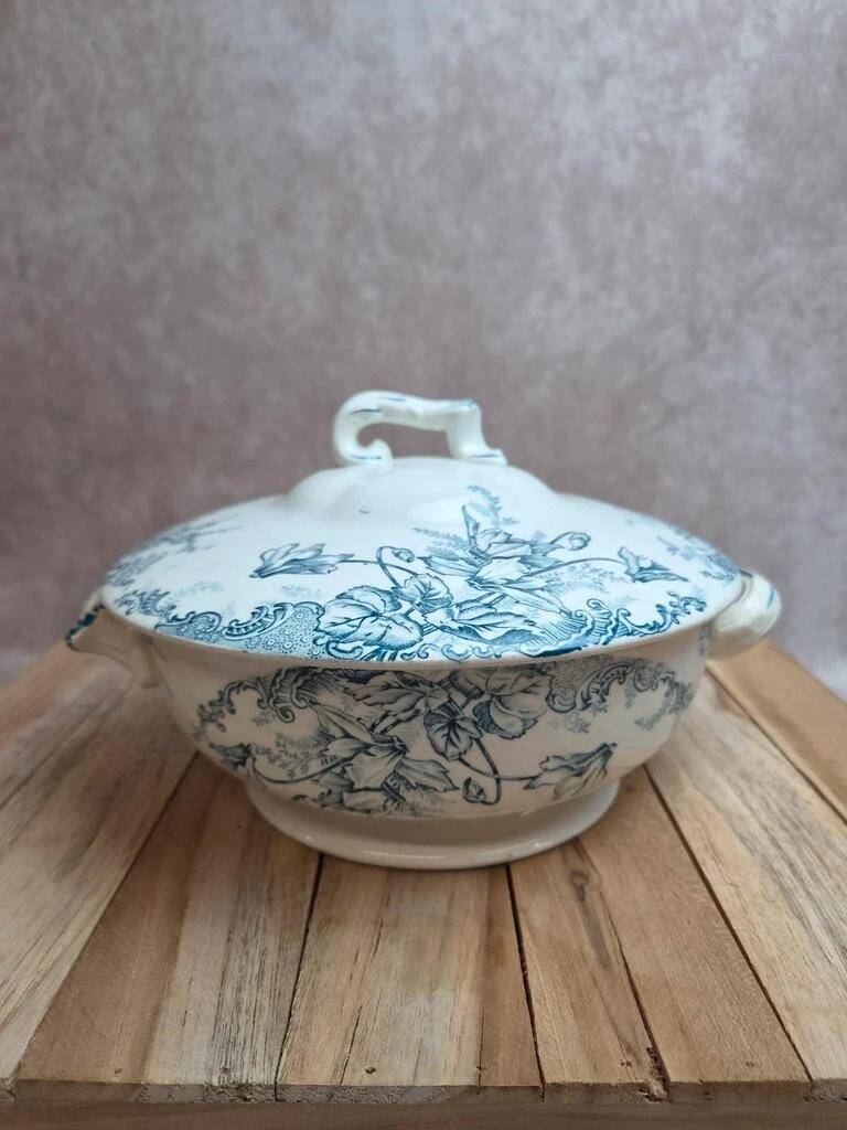 Antique ironstone soup tureen Clairefontaine with blue cyclamen decoration.