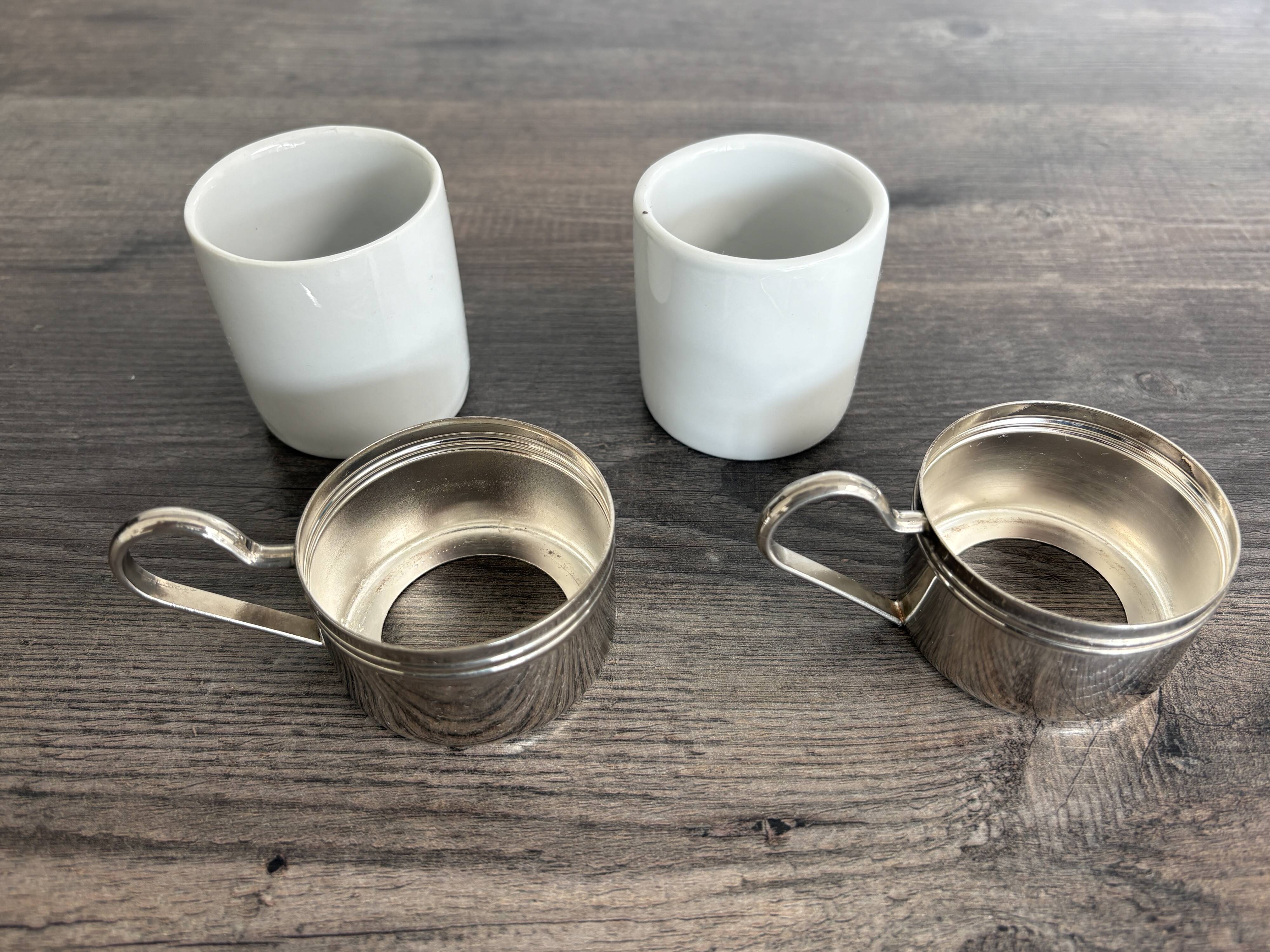 Set of 2 vintage porcelain cups with silver metal stand