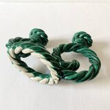 Two-armed candlestick in green glazed ceramic, braided effect