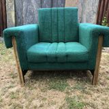 Duo of vintage armchairs with green fabrics.