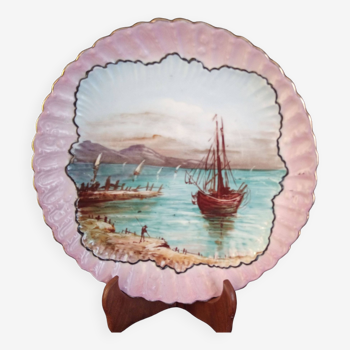 Large decorative plate in Paris porcelain, seascape decor