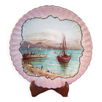 Large decorative plate in Paris porcelain, seascape decor