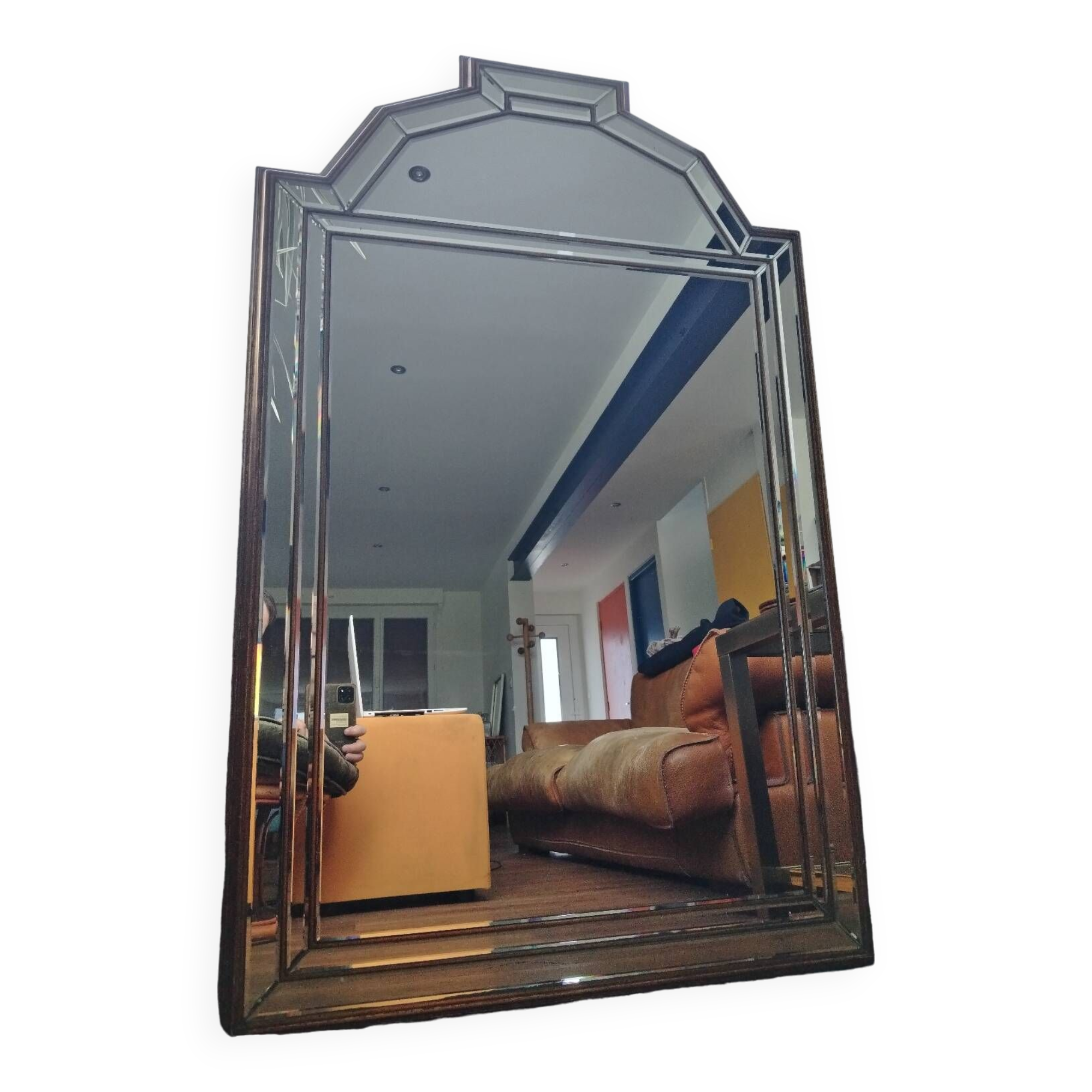 Large Wooden Mirror with Beveled Beads 1970s
