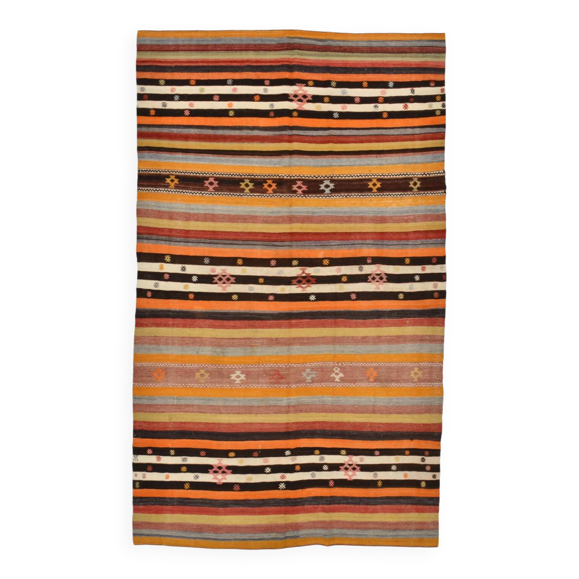 Tapis kilim vintage turc rayé multicolore à motifs géométriques, 190x320 cm